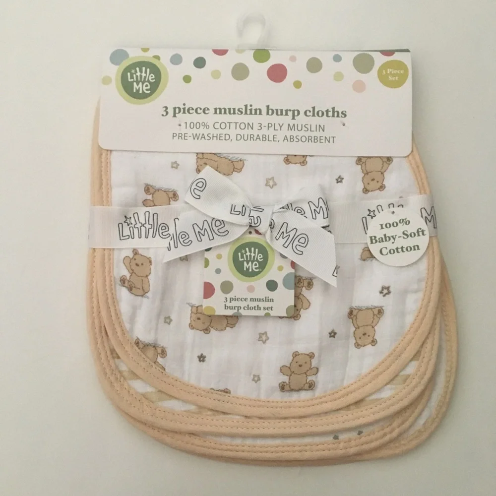 NEW 3 Cotton Muslin Burp Cloths Teddy Bears Stripes Stars Print | Little Me